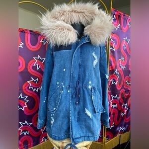 New Avec Les Filles Faux Fur Denim Distressed Coat Logo Patch Pink Lined Jacket